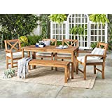 Walker Edison Delray Classic 6 Piece Acacia Wood Outdoor Dining Set with X Back Chairs, Set of 6, Brown